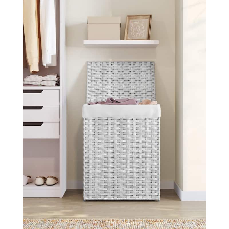 23.8Gallon White Waterproof Rattan Laundry Hamper with Lid and Removable Liner Metal Frame for Small Spaces