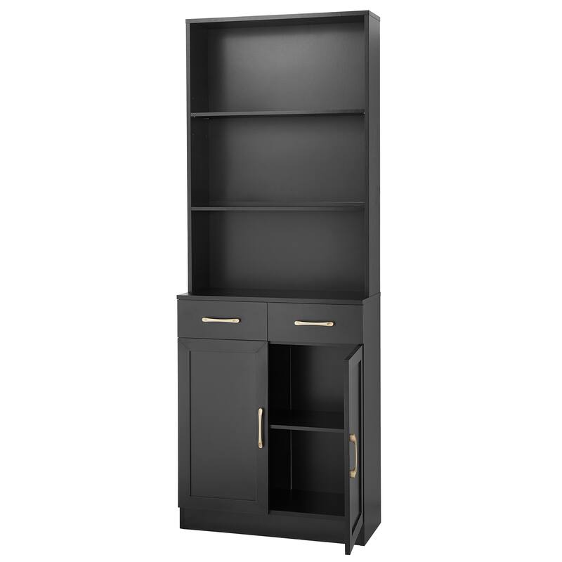 Storage Cabinet for Bathroom, 2 Doors Wooden Cabinet with 2 Drawers Three-layer Open Shelf, Bathroom Floor Cabinets