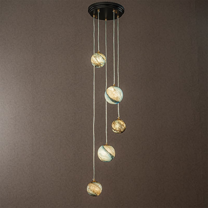 CraftHome 12'' 5-Light Modern Glazed Glass Globe Staircase Chandelier Coastal Glass Pendant In Matte Black For Entryway - W18'' - W18'' - Matte Black