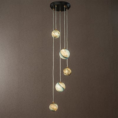 CraftHome 12'' 5-Light Modern Glazed Glass Globe Staircase Chandelier Coastal Glass Pendant In Matte Black For Entryway - W18''