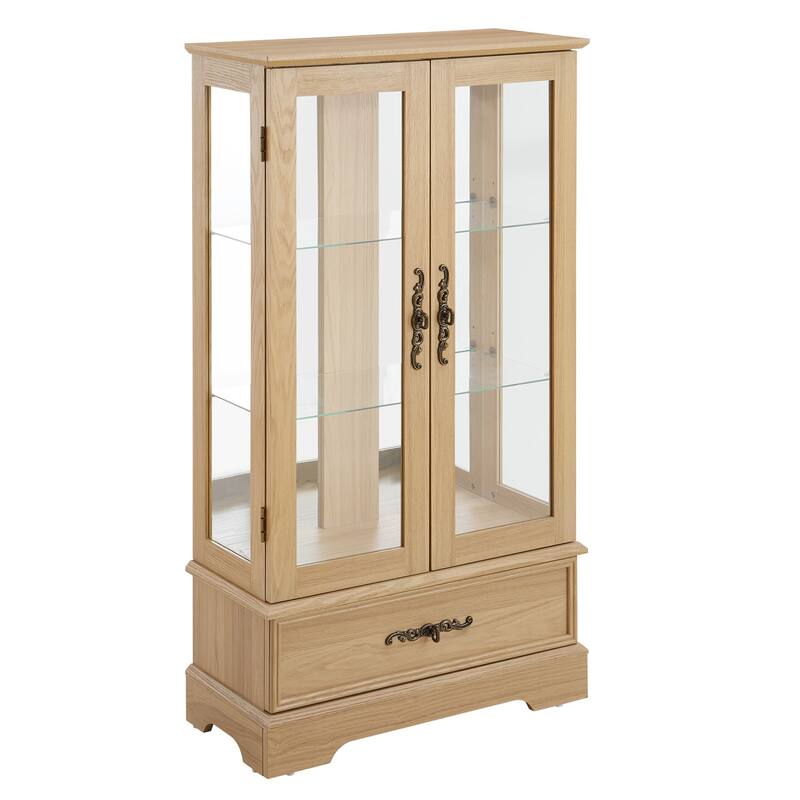 Lighted Glass Display Curio Cabinet with Door, 3 Shelves, Bulb, Drawer