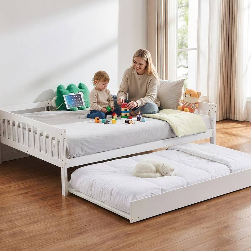Twin Size Wood Bed with Trundle, Light Strip, Charging Station and Guardrail