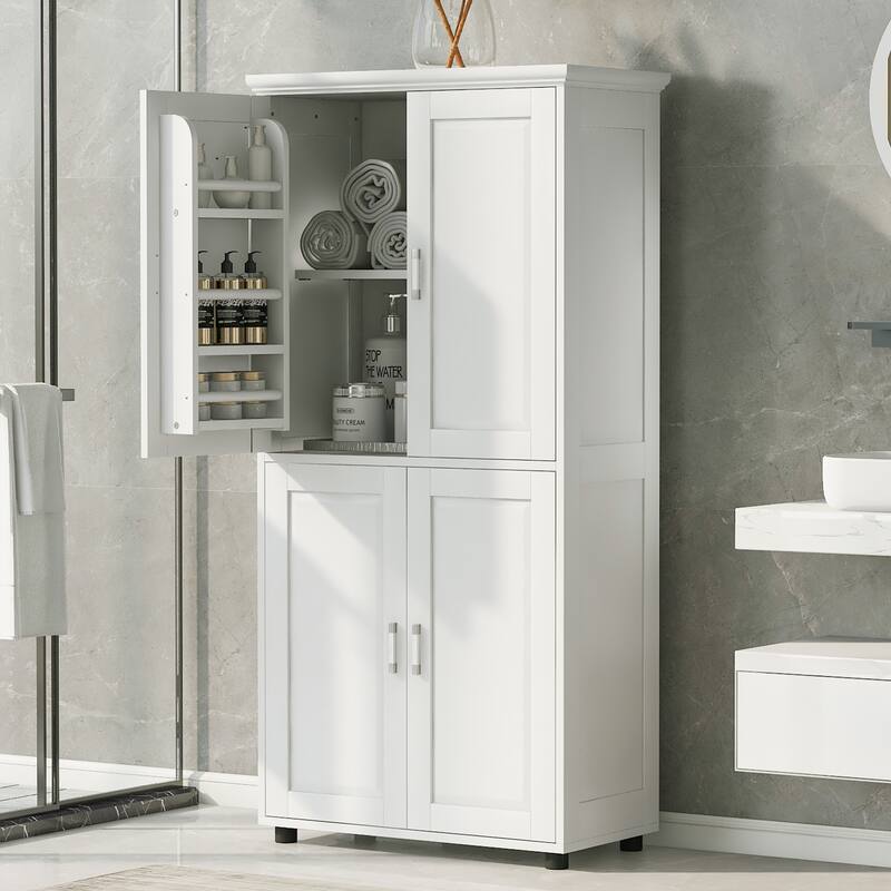 Tall and Wide Bathroom Freestanding Floor Storage Cabinet with 4 Doors, Adjustable Shelves - Painted - White