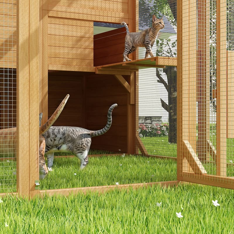 Large Outdoor Wooden Chicken Coop & Cat Enclosure with Run, 2 Colors Pet Cage