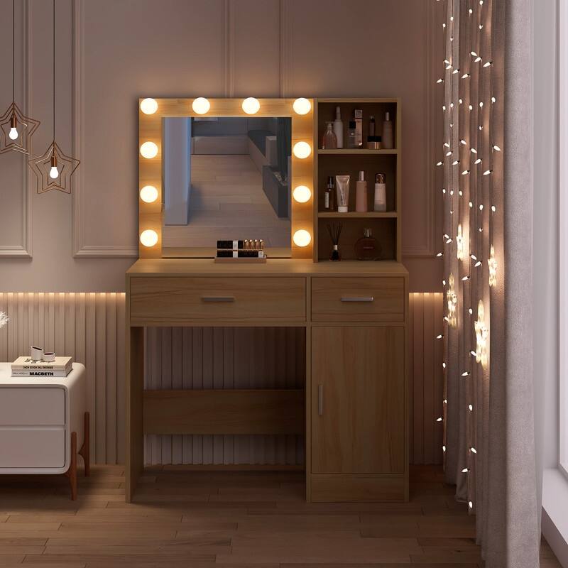 Lighted Bathroom Vanity with Mirror, MDF Cabinet, Smooth Drawers, Space-Saving Design
