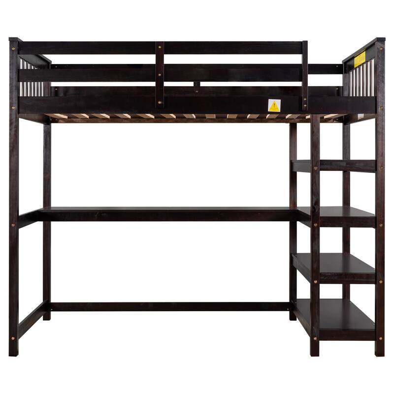 Full/Twin Loft Bed with Integrated Desk and Shelves, Space-Saving Wooden Frame, Durable Pine Wood and MDF, Guardrails Included