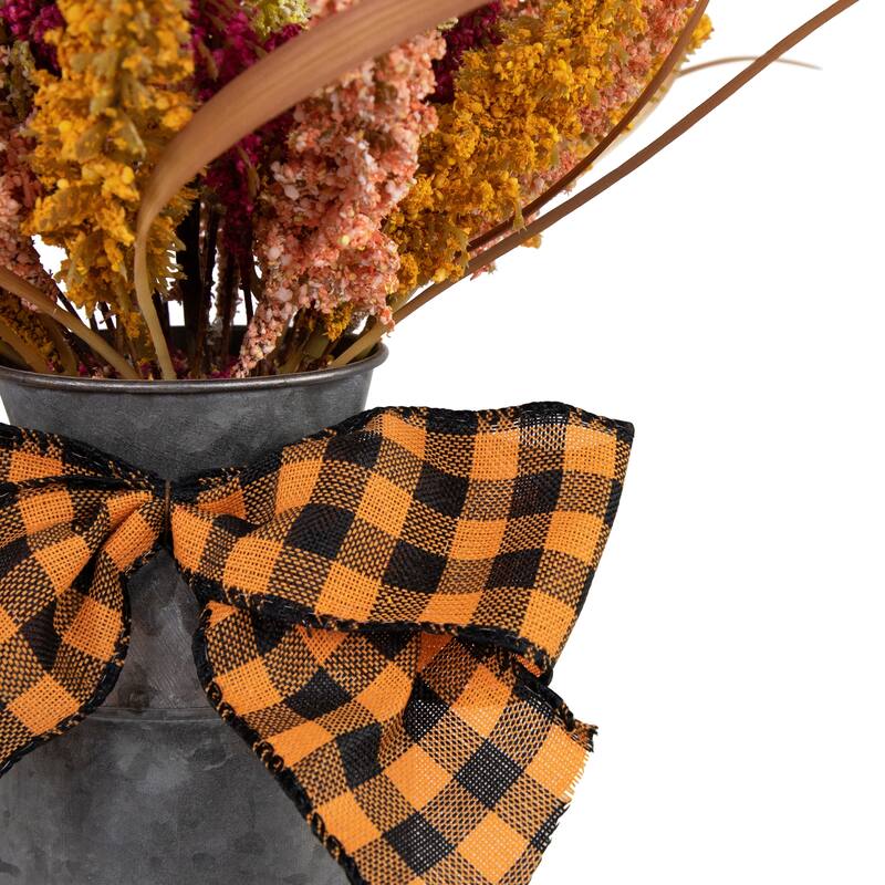 Autumn Harvest Foliage in Canister Floral Decoration with Checkered Bow - 18"