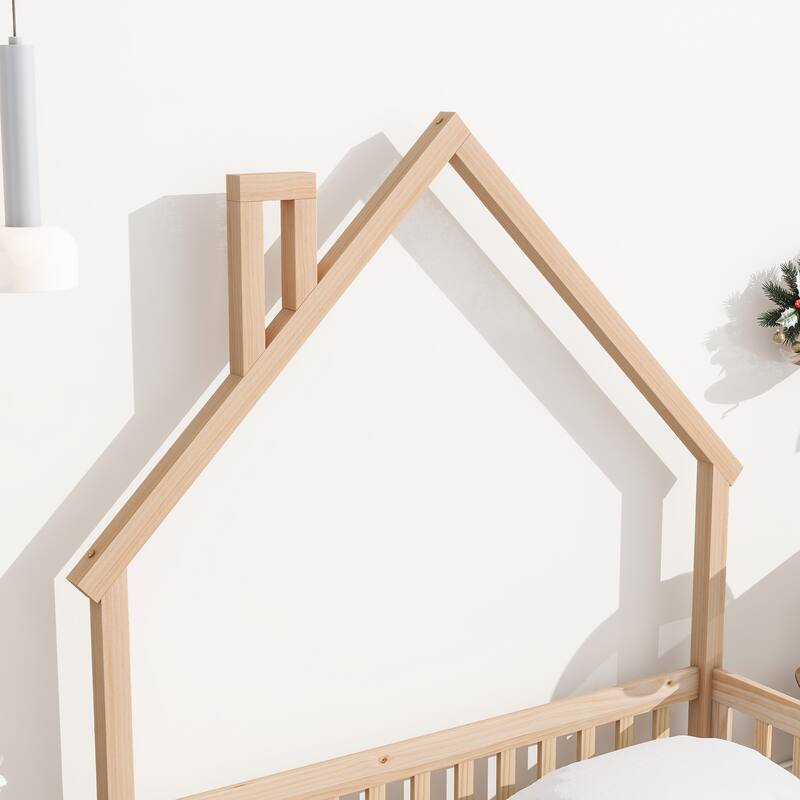 Full Size Montessori Floor Bed with House-Shaped Headboard & Fence