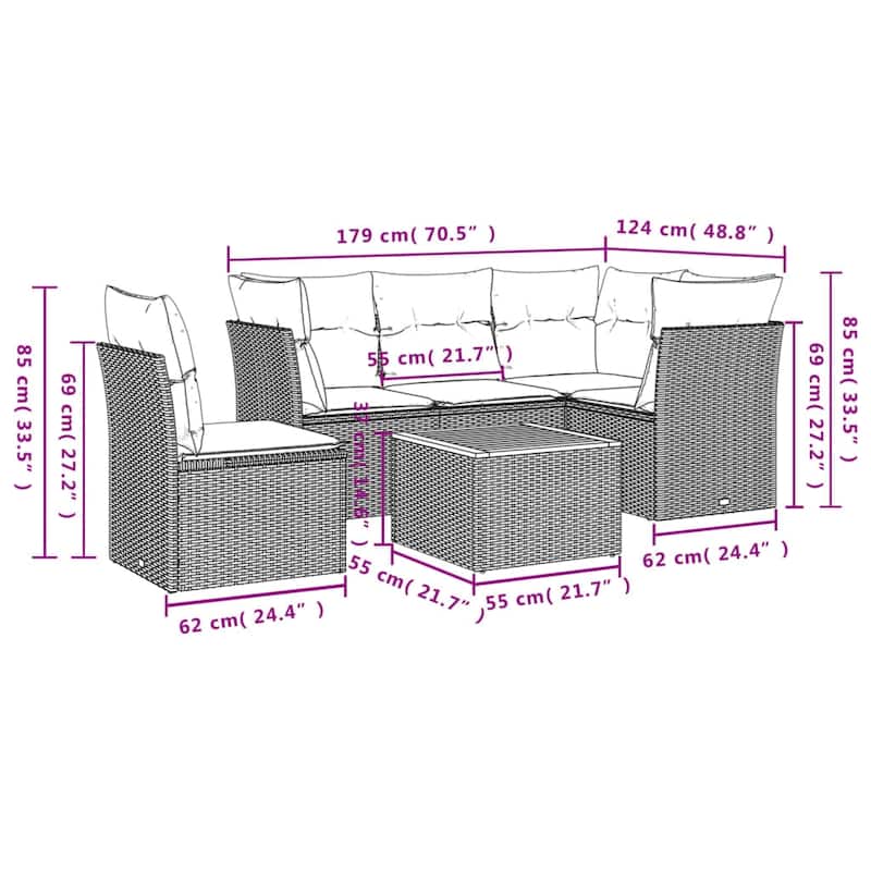 vidaXL 6 Piece Patio Sofa Set with Cushions Black Poly Rattan - 24.4 x 24.4 x 27.2