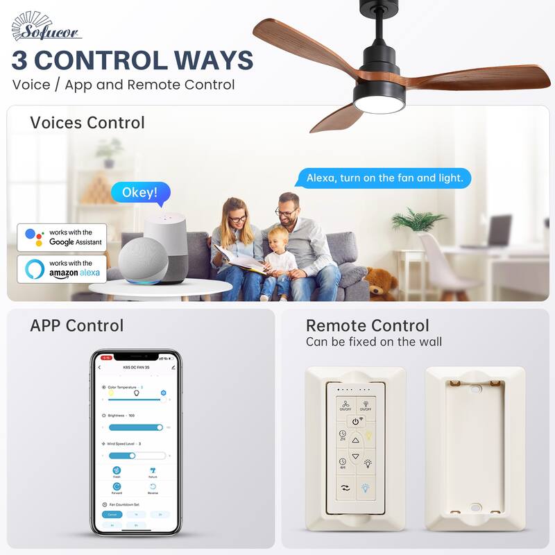 42“/52"/60"/48" Noiseless Walnut Wood Ceiling Fan with Remote Control, Integrated Light Optional