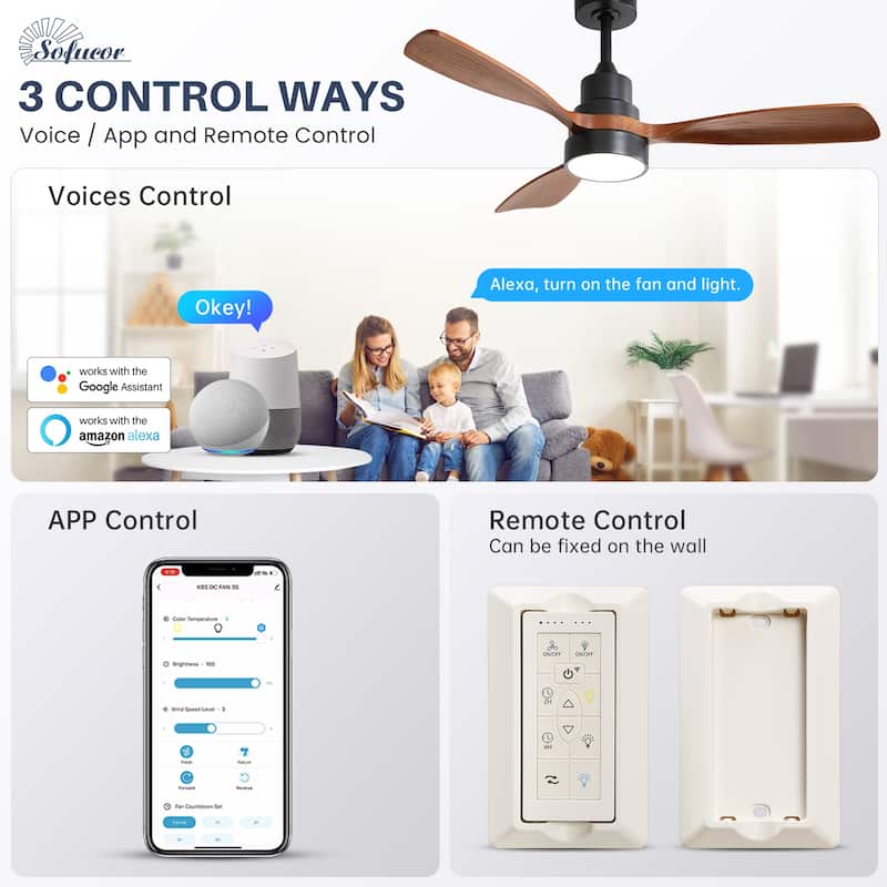 42“/52"/60"/48" Noiseless Walnut Wood Ceiling Fan with Remote Control, Integrated Light Optional - 48'' Smart Ceiling Fan with Light