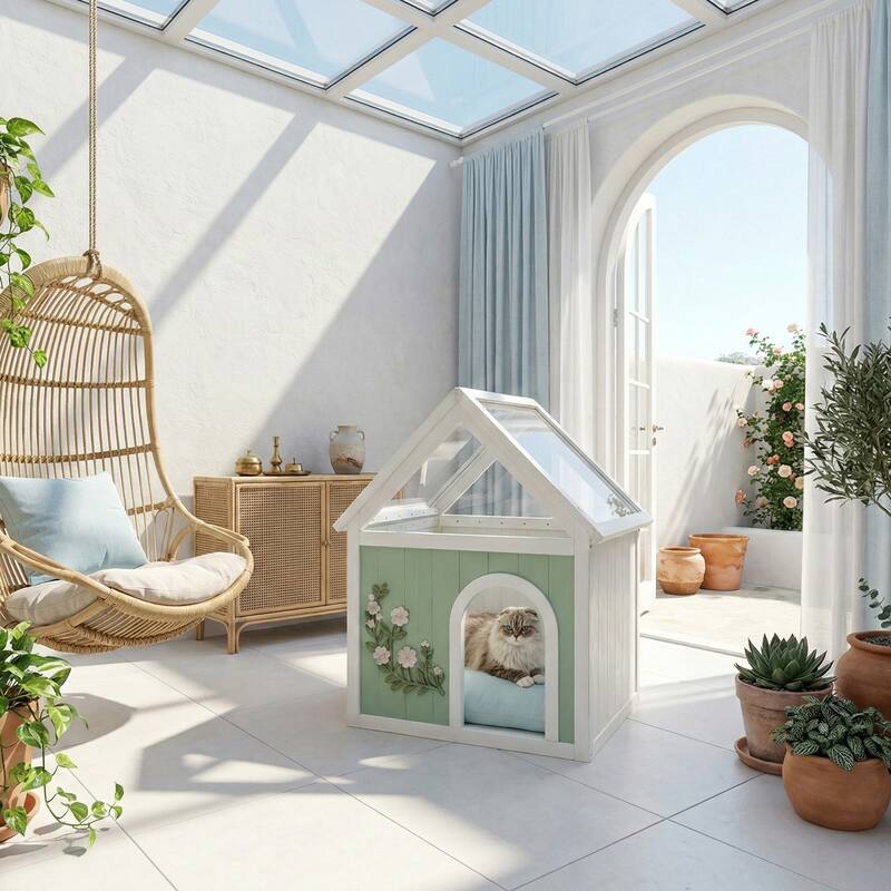 FSC Cedar Pet House with Transparent Roof & Floral Carvings - Indoor Shelter for Cats & Small Dogs