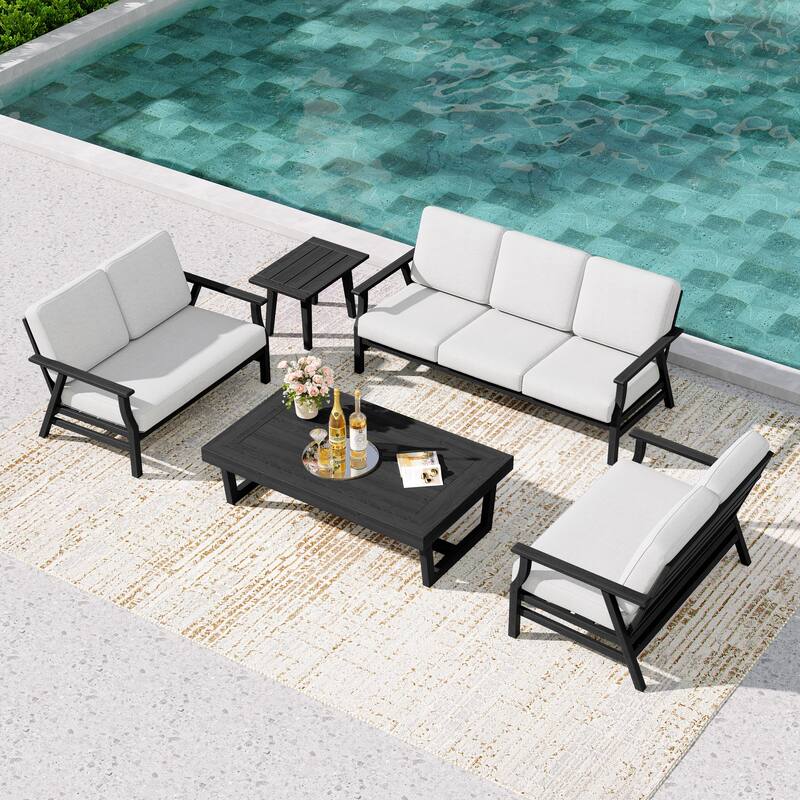 Teak Outdoor Seating Set with Daybed & Tables. - Black Wood - Beige/5-piece