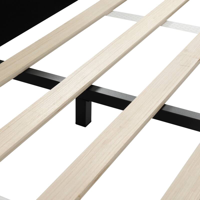 Roomfitters Full/Queen Size Upholstered Grounded Platform Bed with Bedside Desk and Round Stool, Velvet Fabric Bed Frame