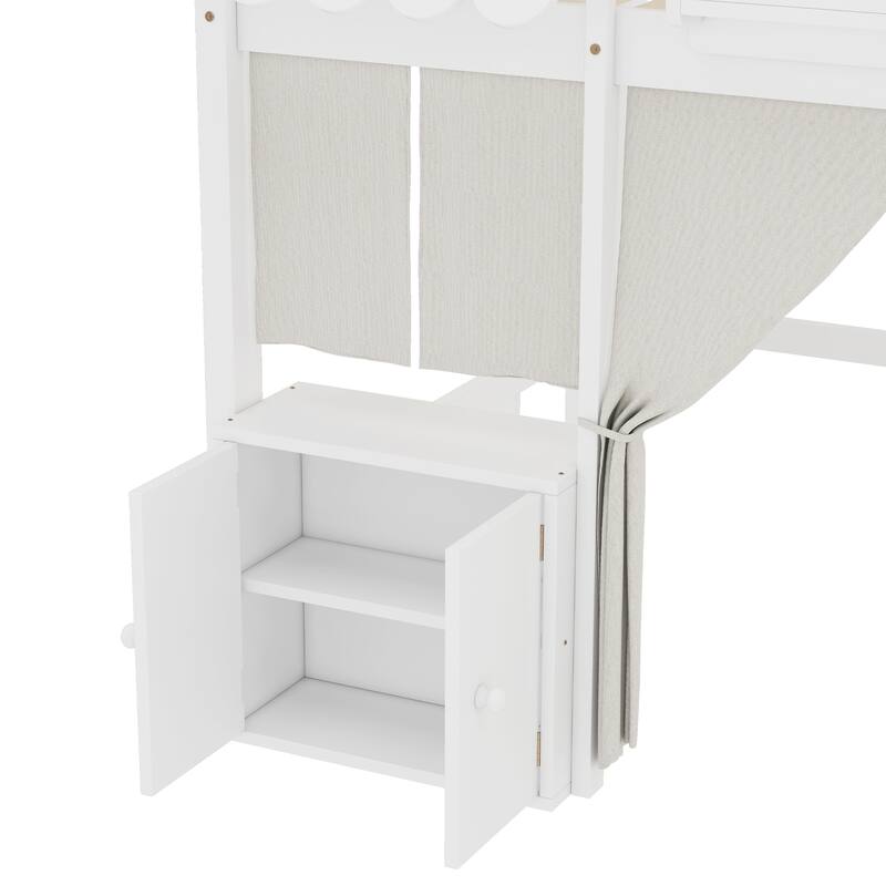 Twin Loft Bed with Built-in Bookshelf, Curtain, and Storage Shelf Amusement Park-Inspired Playful, White