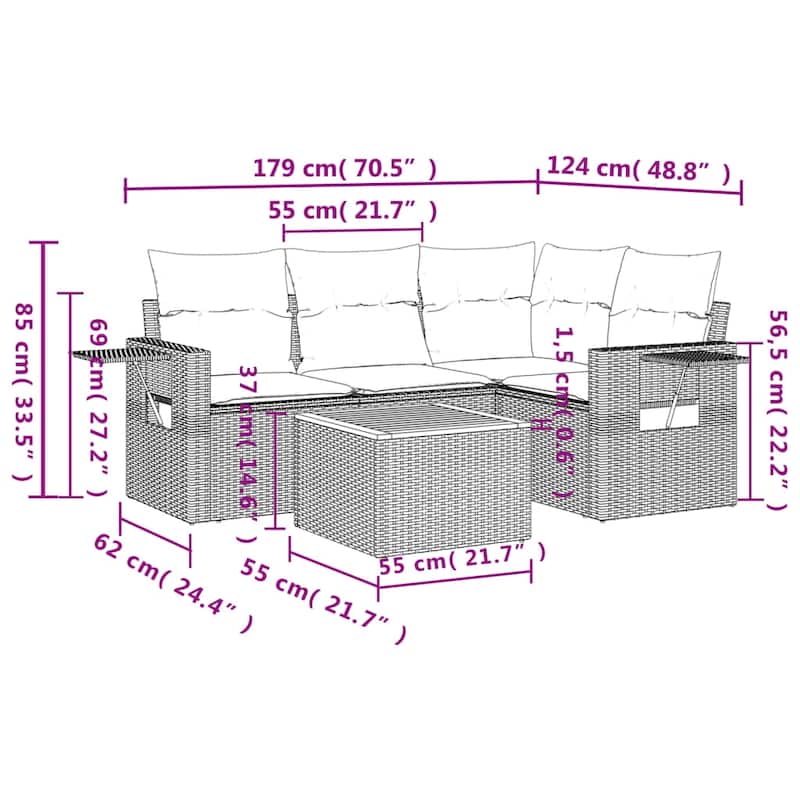 vidaXL Garden Sofa Set 5 Piece with Cushions Outdoor Sofa Set Poly Rattan - 21.7 x 21.7 x 14.6 in (W x L x H)