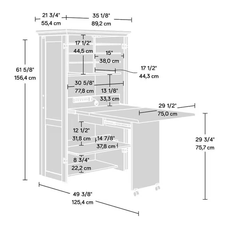 Space-Saving Craft Armoire with Drop Leaf Desk and Adjustable Storage Shelves Power Strip