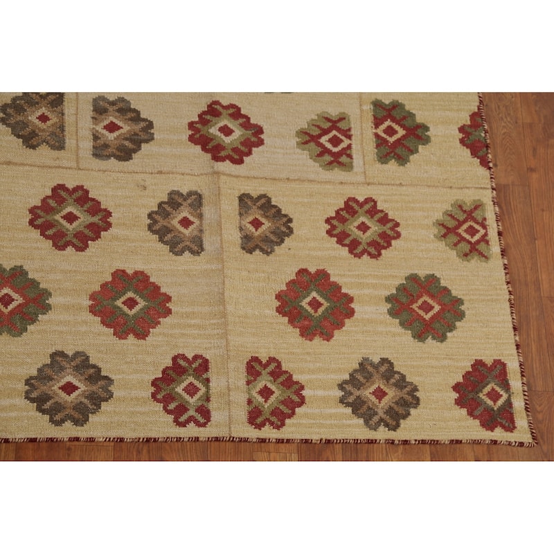 Kilim Oriental Area Rug Hand-Woven Beige Wool Carpet - 7'6"x 9'10"