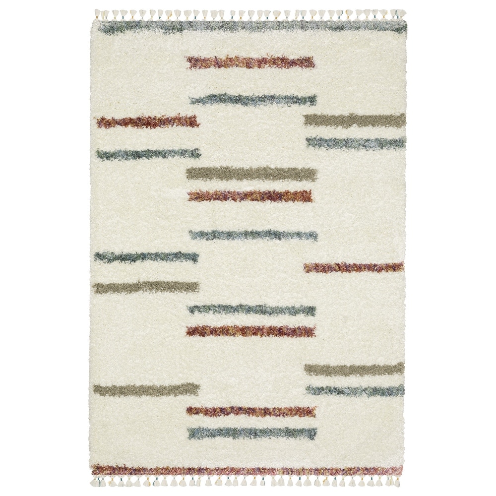 Style Haven Aire Staggerd Striped Ivory/ Multi Shag Tassel Fringe Area Rug.