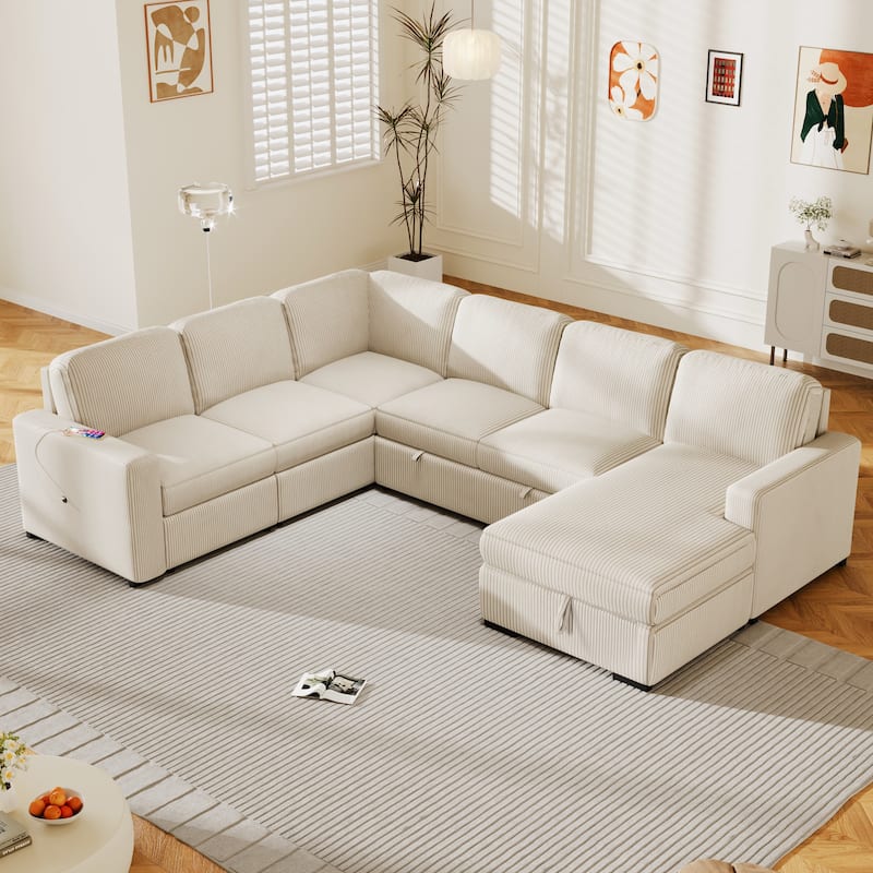 Modern U Shaped Modular Sofa Bed with USB Ports and Hidden Storage and for Living Rooms or Guest Room - Beige