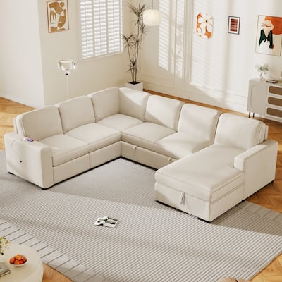 Modern U Shaped Modular Sofa Bed with USB Ports and Hidden Storage and for Living Rooms or Guest Room