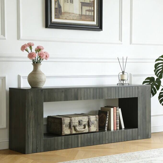 63-Inch Low Console Table, Wooden Entryway Shoe Bench with Storage - Dark Grey