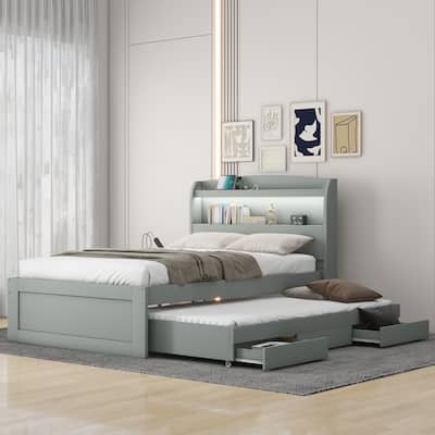 Twin XL Size LED Storage Platform Bed wCharging Station, Trundle, Grey