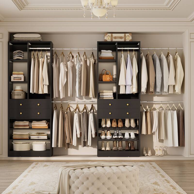 Set of 2 Closet System with 6 Hanging Rods and 4 Drawers, Adjustable Closet System with Shelves and Shoe Rack - Black