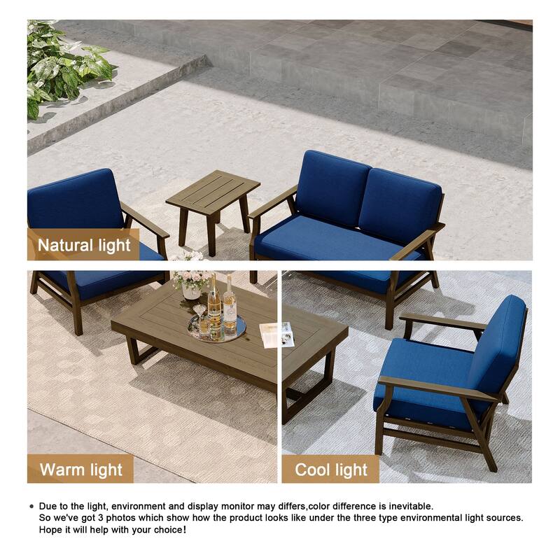 Modern Wood Cushioned Outdoor Patio Sofa Loveseat with Coffee Table