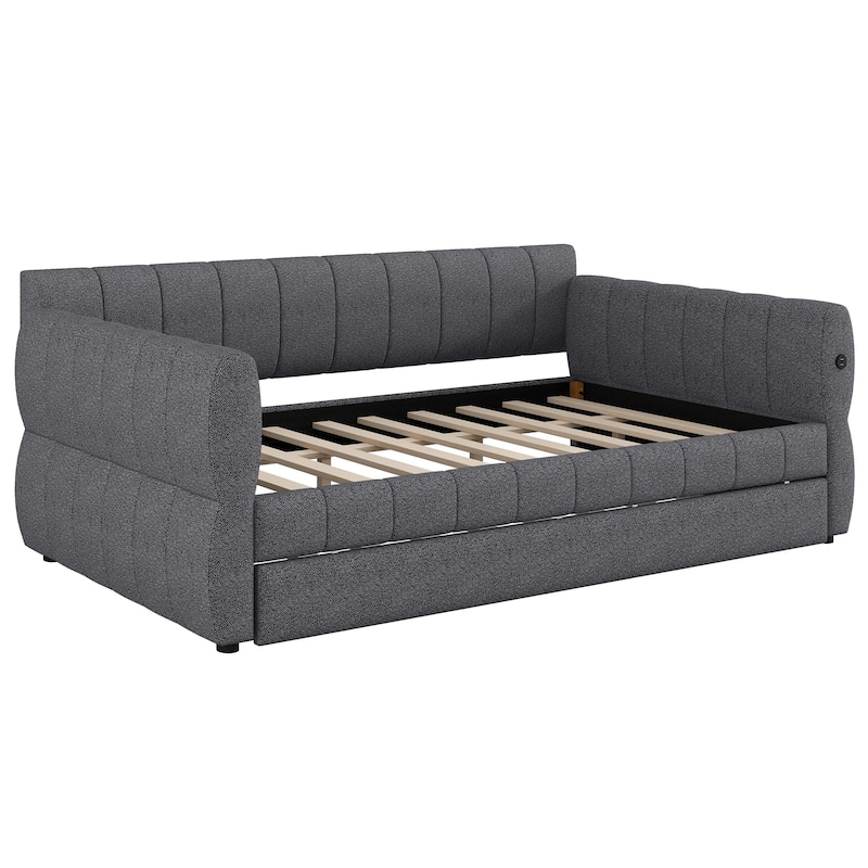 Modern Fabric Upholstered Daybed Queen Size Sofa Bed Frame with Backrest and Armrests, USB Charging Ports, No Box Spring Needed