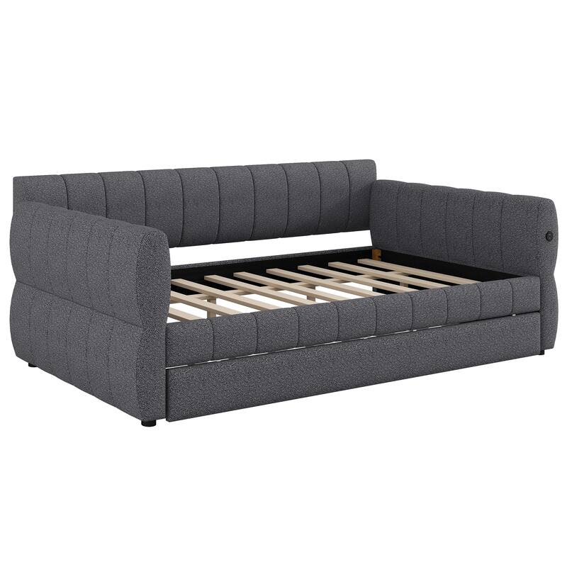 Queen Size Upholstered Daybed with USB and Optional Platform Storage Bed with 2 Drawers or Low Profile Sofa Bed with Trundle Bed