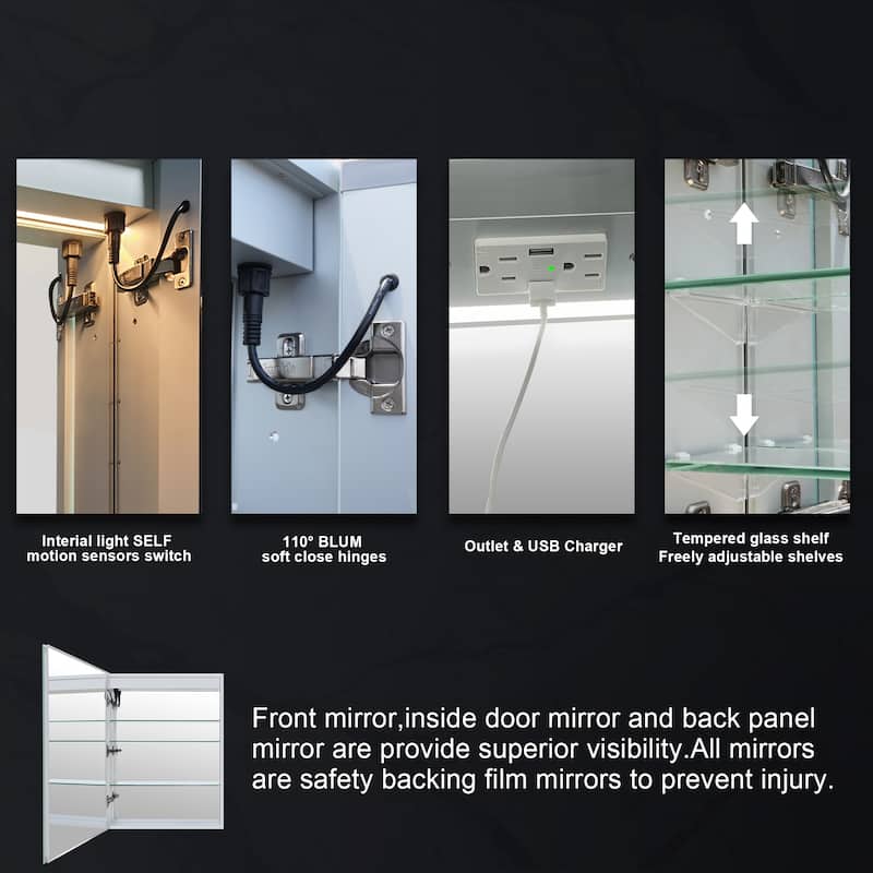30" H Recessed or Surface LED Mirror Cabinet with Adjustable Glass Shelves,Defogger, Dimmer And Outlets & USB Ports