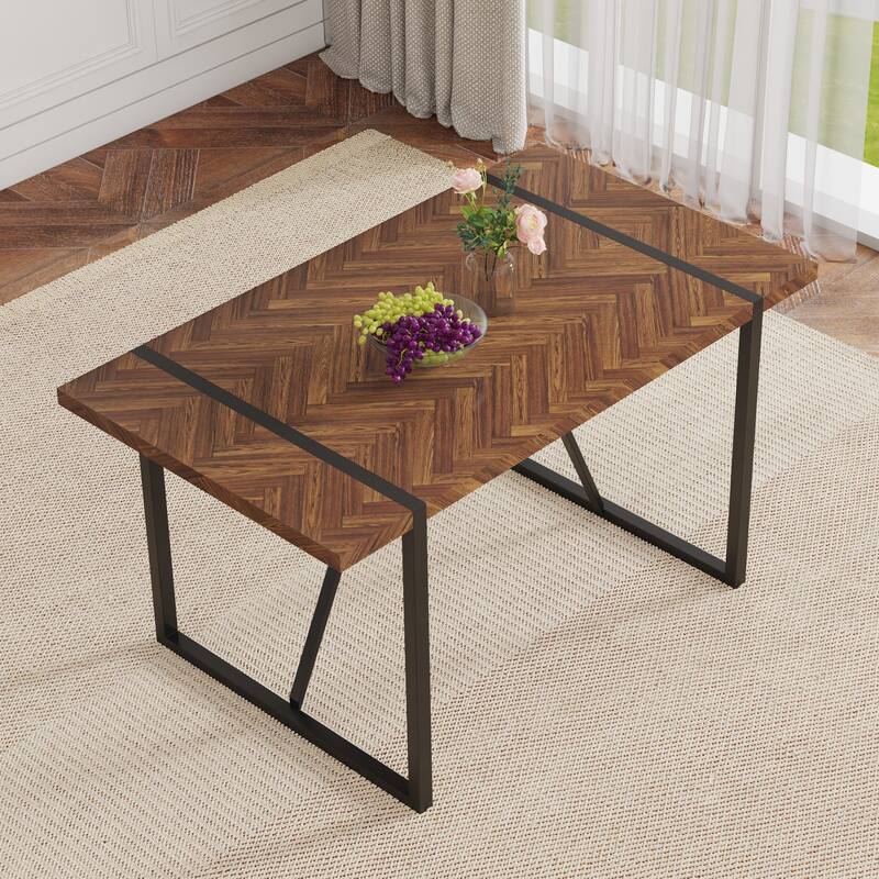 A Minimalist Retro Rectangular Dining Table with a specially Textured Top and Black Metal Legs - Black,Brown - Black,Brown