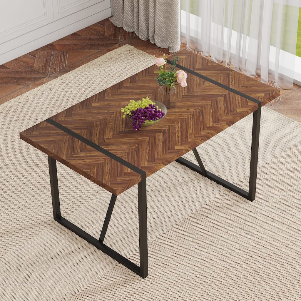 A Minimalist Retro Rectangular Dining Table with a specially Textured Top and Black Metal Legs - Black,Brown