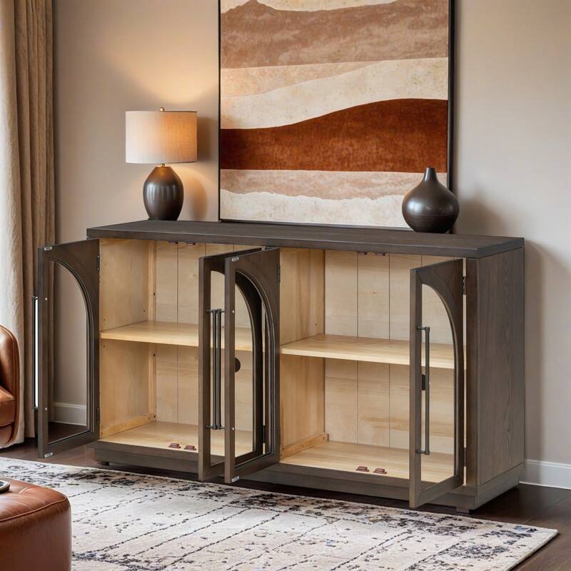4-Door Large Storage Sideboard Buffet Cabinet with Glass Doors, Arched Cabinet with Adjustable Shelves for Kitchen