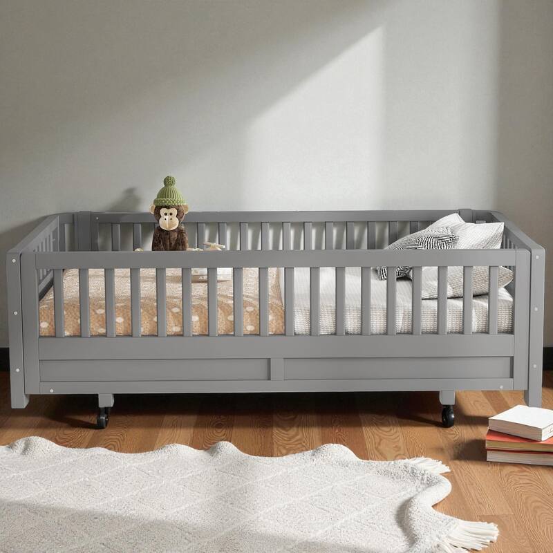 Convertible Twin/Twin XL Solid Wood Platform Bed with Guardrails, Expands to Double Twin or Queen Size, Durable Frame