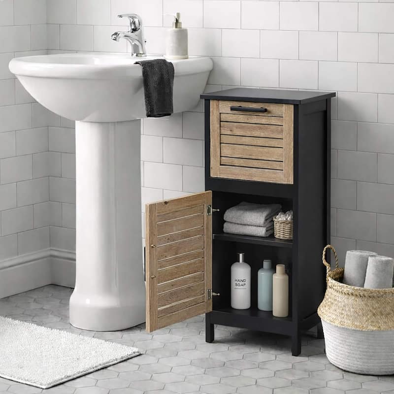 Compact Bathroom Storage Cabinet with Drawer and Vented Door, Black and Brown - Bergen Collection - 14.7"L x 11.13"W x 32.12"H