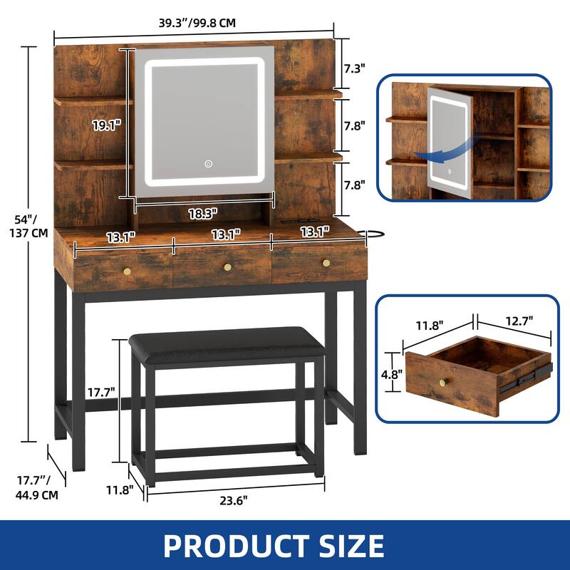 Moasis 39.3" Wide Makeup Vanity Set with Lighted Mirror & Power Outlet