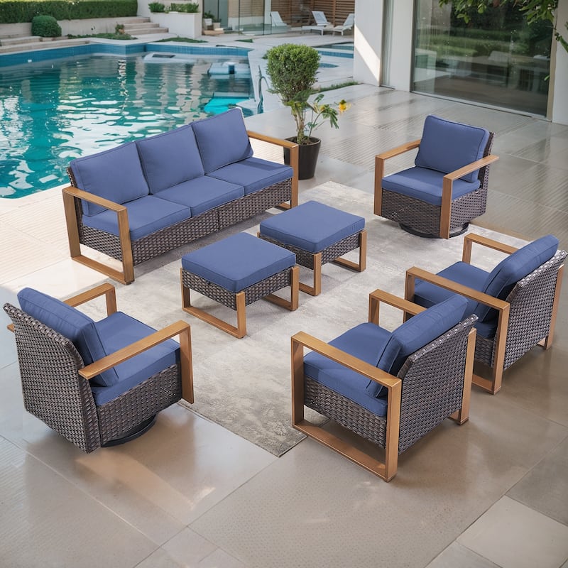 Gymojoy 7 PCS Outdoor Sofa with High Back Chair Ottomans - Brown - Brown - Blue