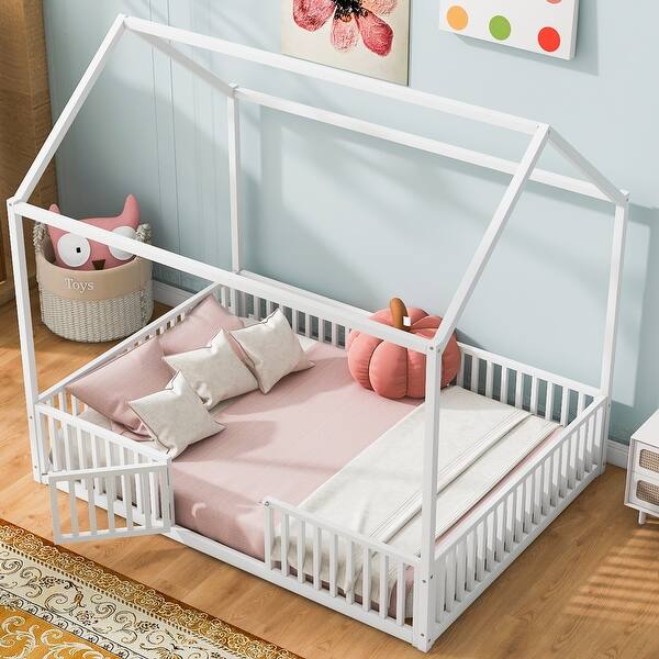 slide 2 of 8, Full Size Metal House Bed with Fence and Door, White White - Full