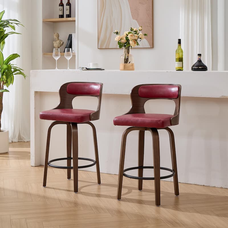 SEYNAR PU Leather 360 Degree Swivel Open Back Bar Stools Wood Legs Set of 2