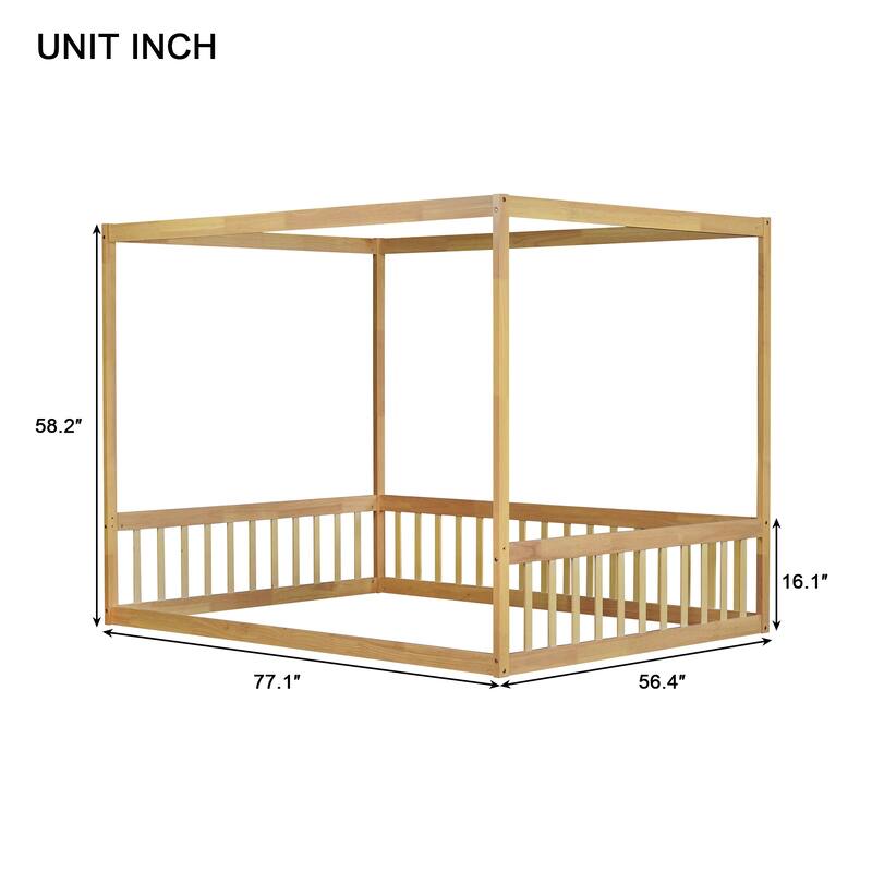 Roomfitters Full Canopy Floor Bed Frame with Rubber Wood Structure, Safety Guardrails, Low Profile Platform Design