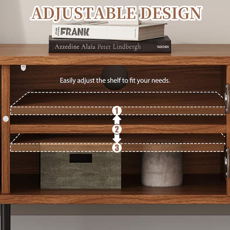 79" Mid-Century Modern Ribbed Wood TV Stand with Storage Cabinets and Glass Shelf – Entertainment Center Fits 85" TVs