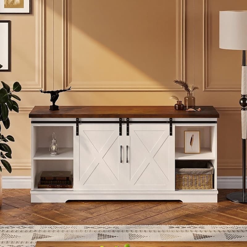 Farmhouse TV Stand for 65 Inch TVs, with Sliding Barn Doors - White