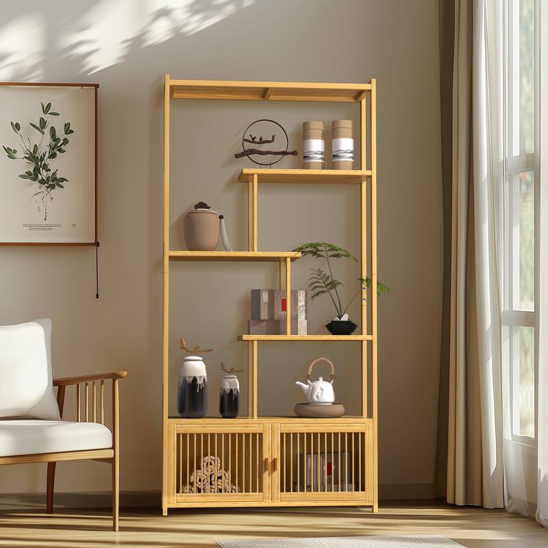 Natural Bamboo 5-Tier Bookcase with Storage Cabinet