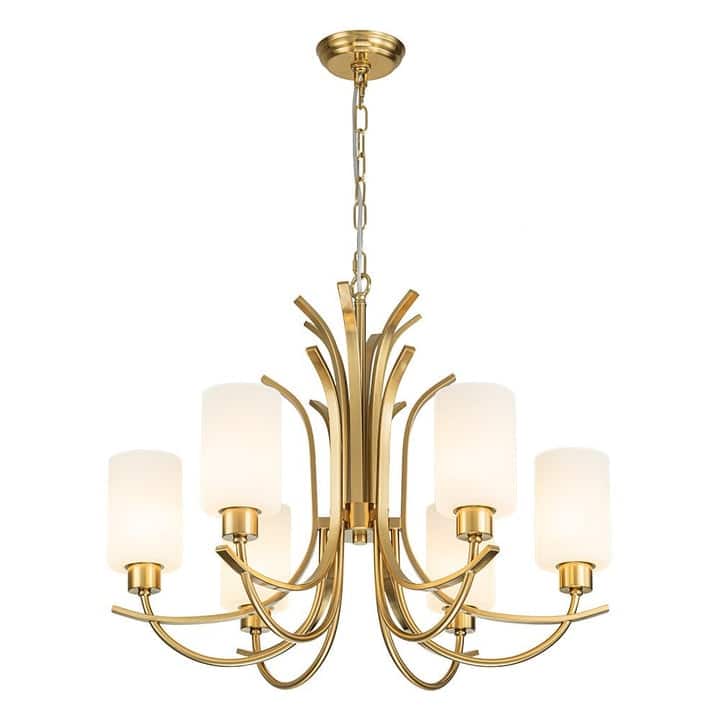 Mid-century Brass 6-Light Cylinder Milk Glass Chandelier