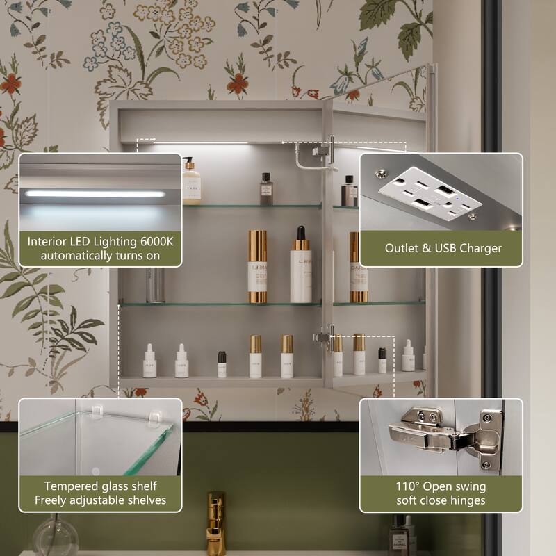 ExBrite 20" x 26" LED Lighted Bathroom Medicine Cabinet with Mirror,Recessed or Surface Mount,Defog