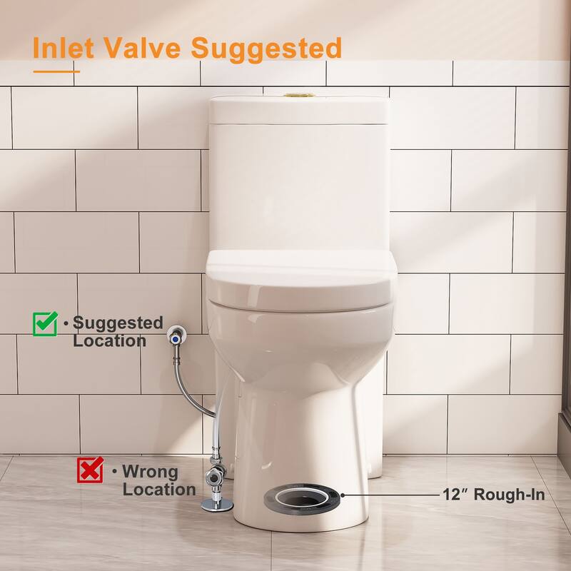 HOROW One Piece White Dual Flush Toilet 0.8/1.28 GPF Seat Included with Brushed Gold Actuator - N/A