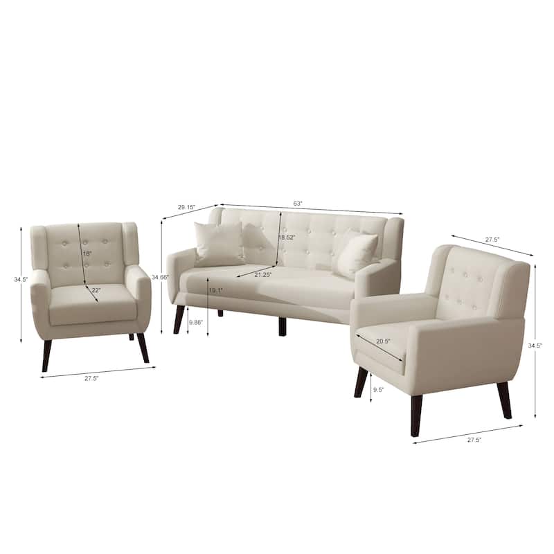 3-Piece Mid-Century Modern Living Room Set with Loveseat and 2 Chairs