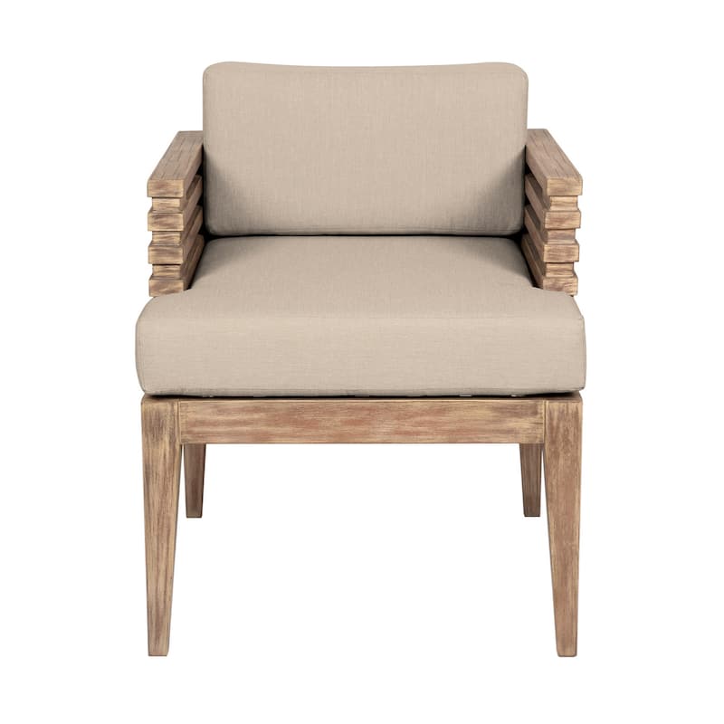Hida 24 Inch Outdoor Patio Dining Chair, Ridged Brown Wood, Olefin Cushions